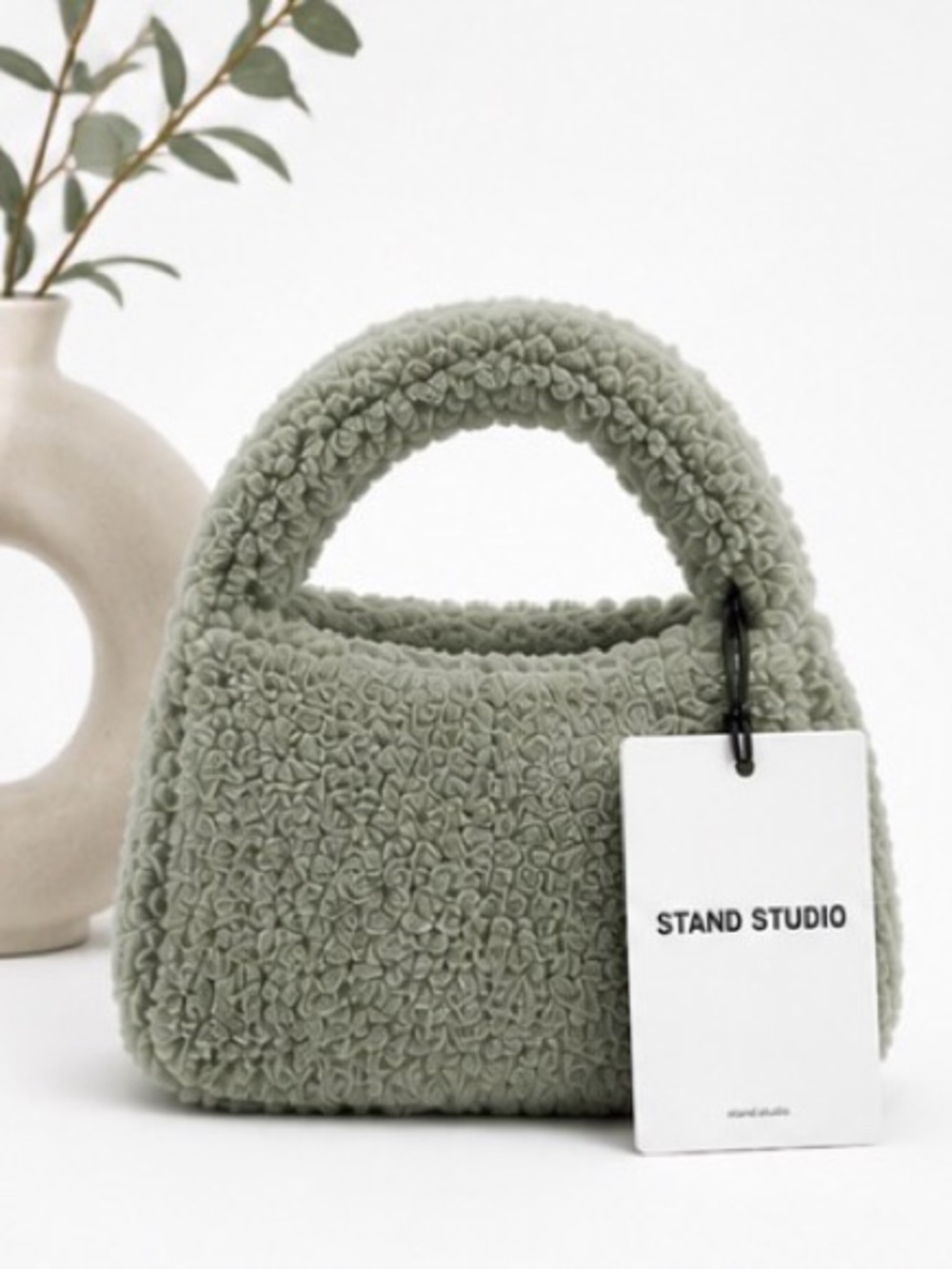 Stand Studio Minnie Faux Shearling Teddy Bag Sage Green Convertible Crossbody